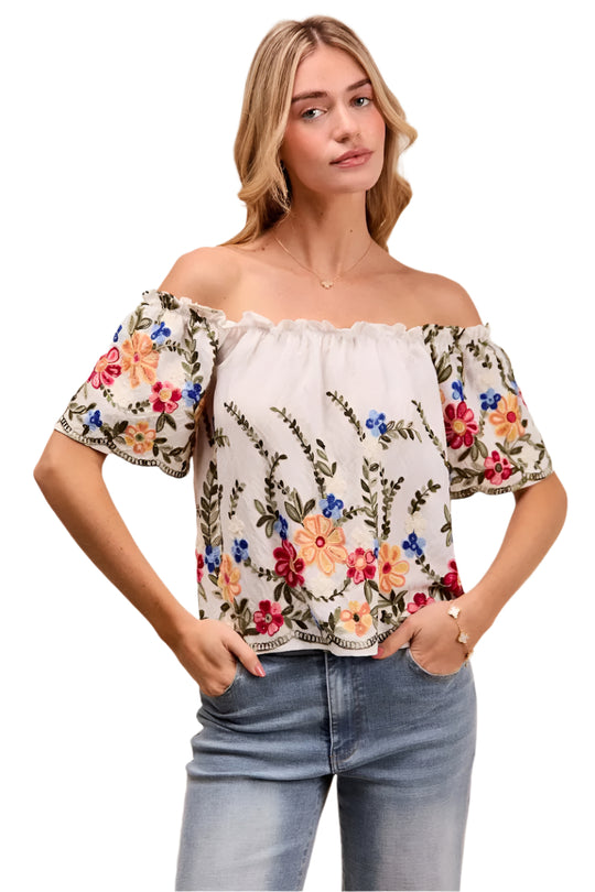 Blouse Femme Brodée à Fleurs Encolure Dégagée Rayonne Polyester 0