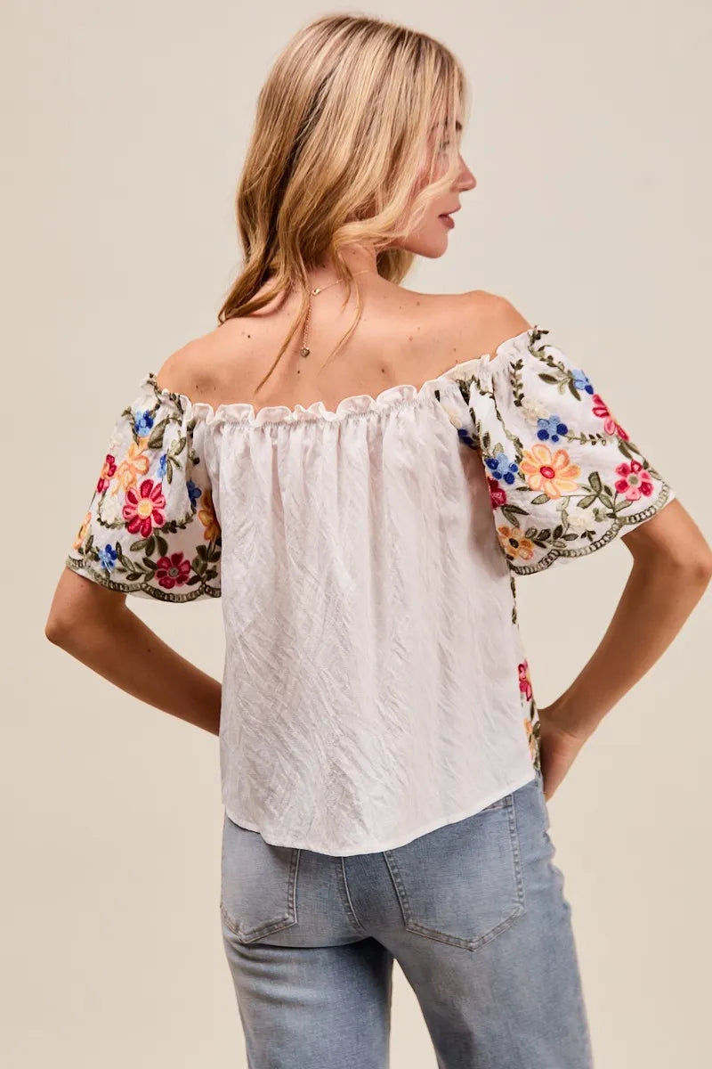 Blouse Femme Brodée à Fleurs Encolure Dégagée Rayonne Polyester 1