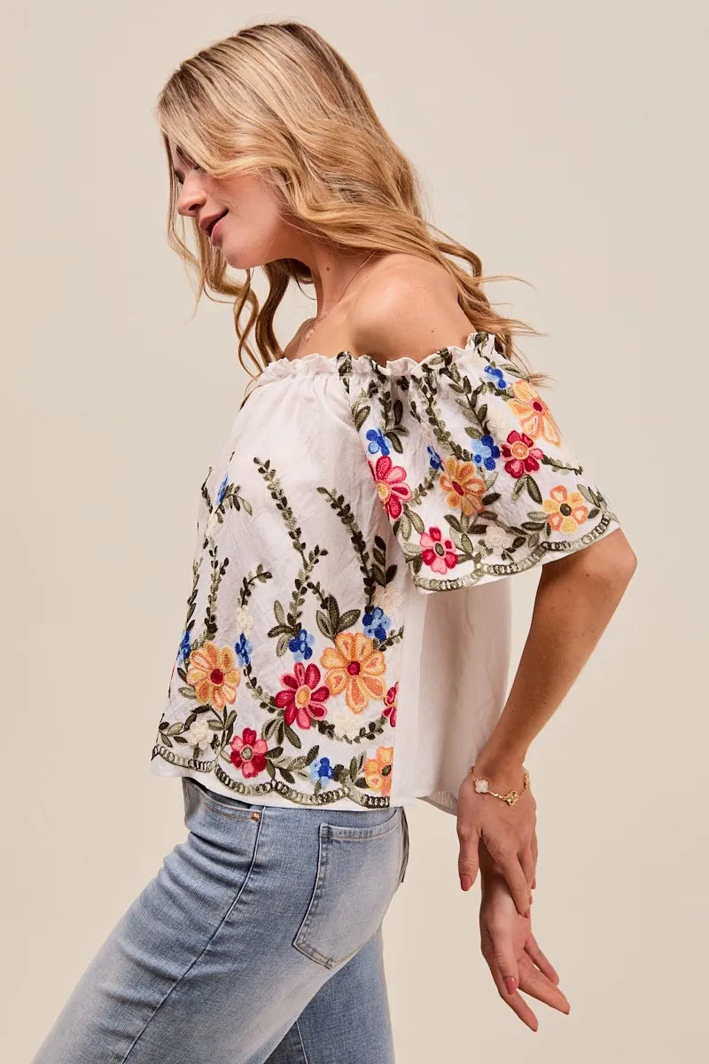 Blouse Femme Brodée à Fleurs Encolure Dégagée Rayonne Polyester 2