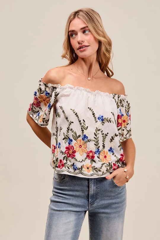 Blouse Femme Brodée à Fleurs Encolure Dégagée Rayonne Polyester 3