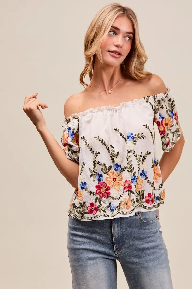 Blouse Femme Brodée à Fleurs Encolure Dégagée Rayonne Polyester 4