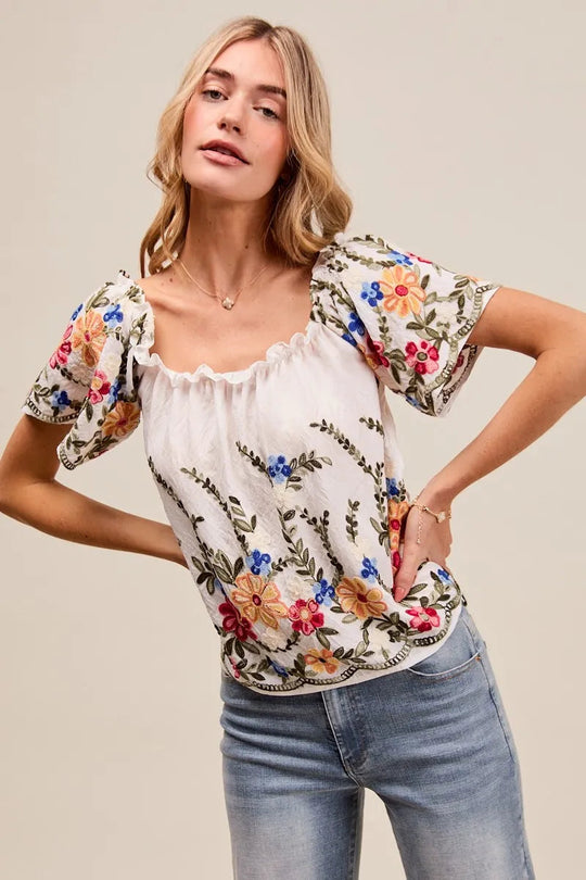 Blouse Femme Brodée à Fleurs Encolure Dégagée Rayonne Polyester 5