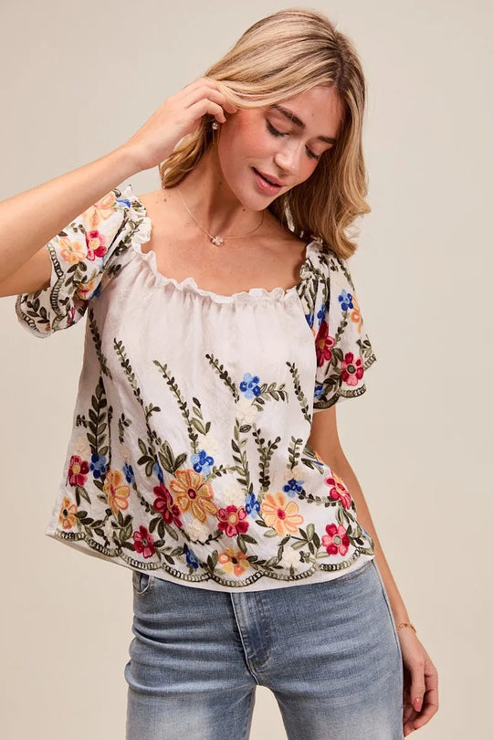 Blouse Femme Brodée à Fleurs Encolure Dégagée Rayonne Polyester 6