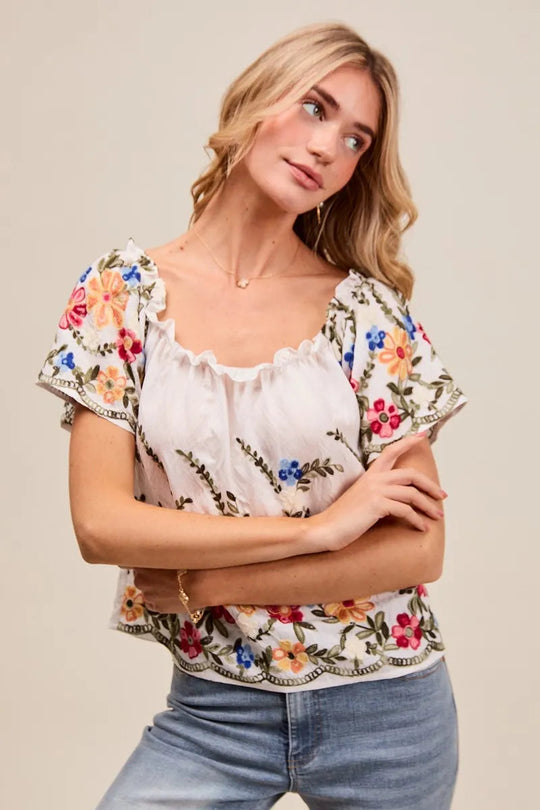 Blouse Femme Brodée à Fleurs Encolure Dégagée Rayonne Polyester 7