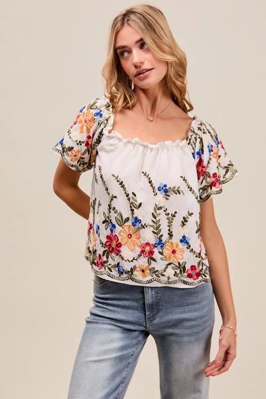 Blouse Femme Brodée à Fleurs Encolure Dégagée Rayonne Polyester 8
