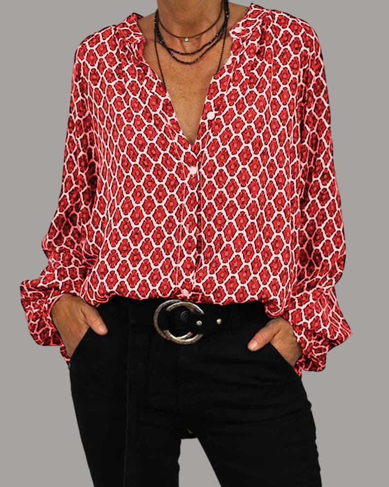Blouse Femme Manches Longues Motif Géométrique Coton Mixte 3