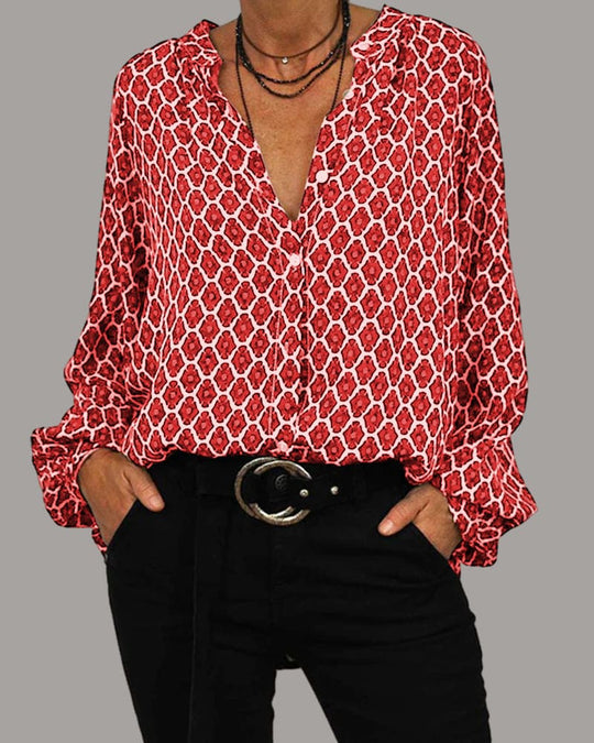 Blouse Femme Manches Longues Motif Géométrique Coton Mixte 3