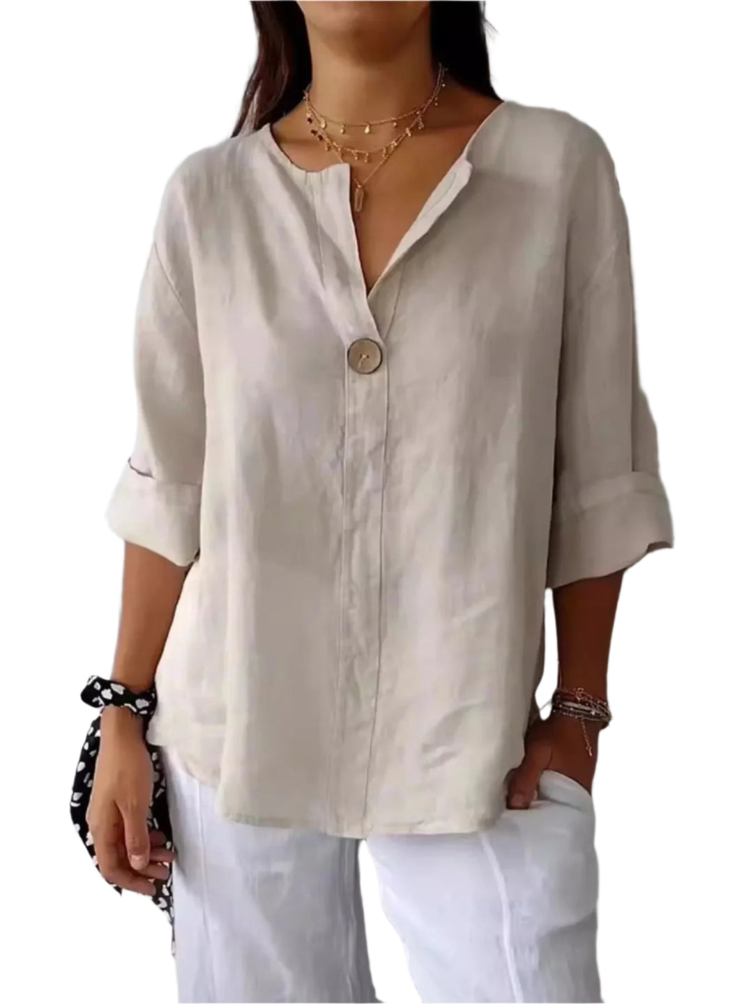 Blouse Femme à Col Noté en Mélange de Lin Grande Taille 0