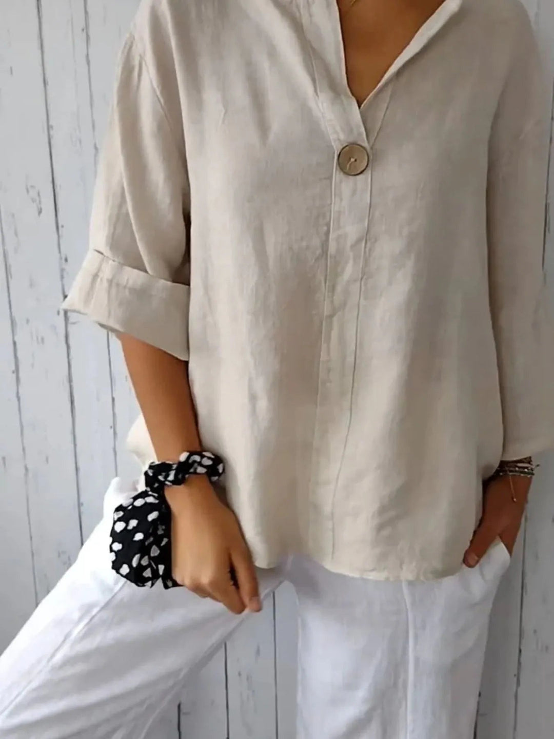 Blouse Femme à Col Noté en Mélange de Lin Grande Taille 1