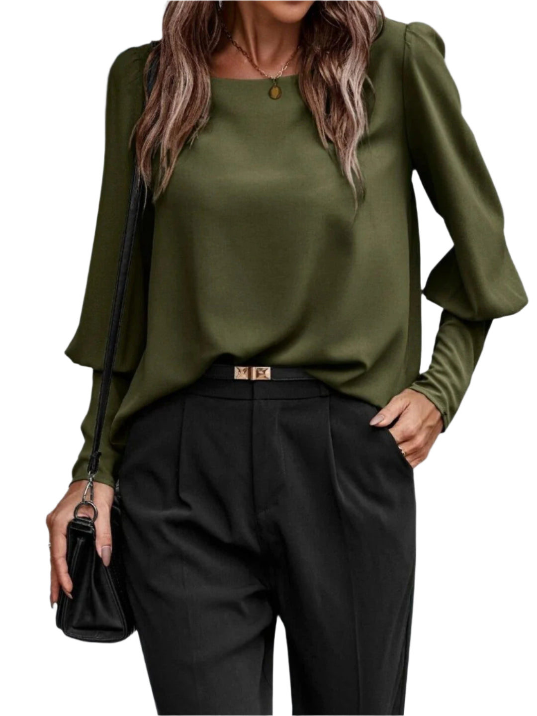 Blouse Femme à Manches Lanternes Col Rond en Polyester 0