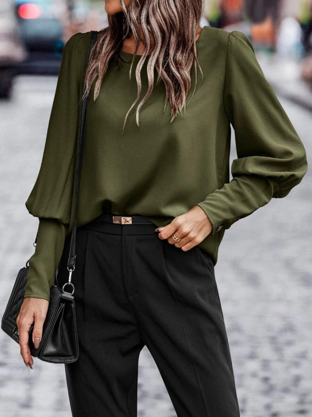 Blouse Femme à Manches Lanternes Col Rond en Polyester 2