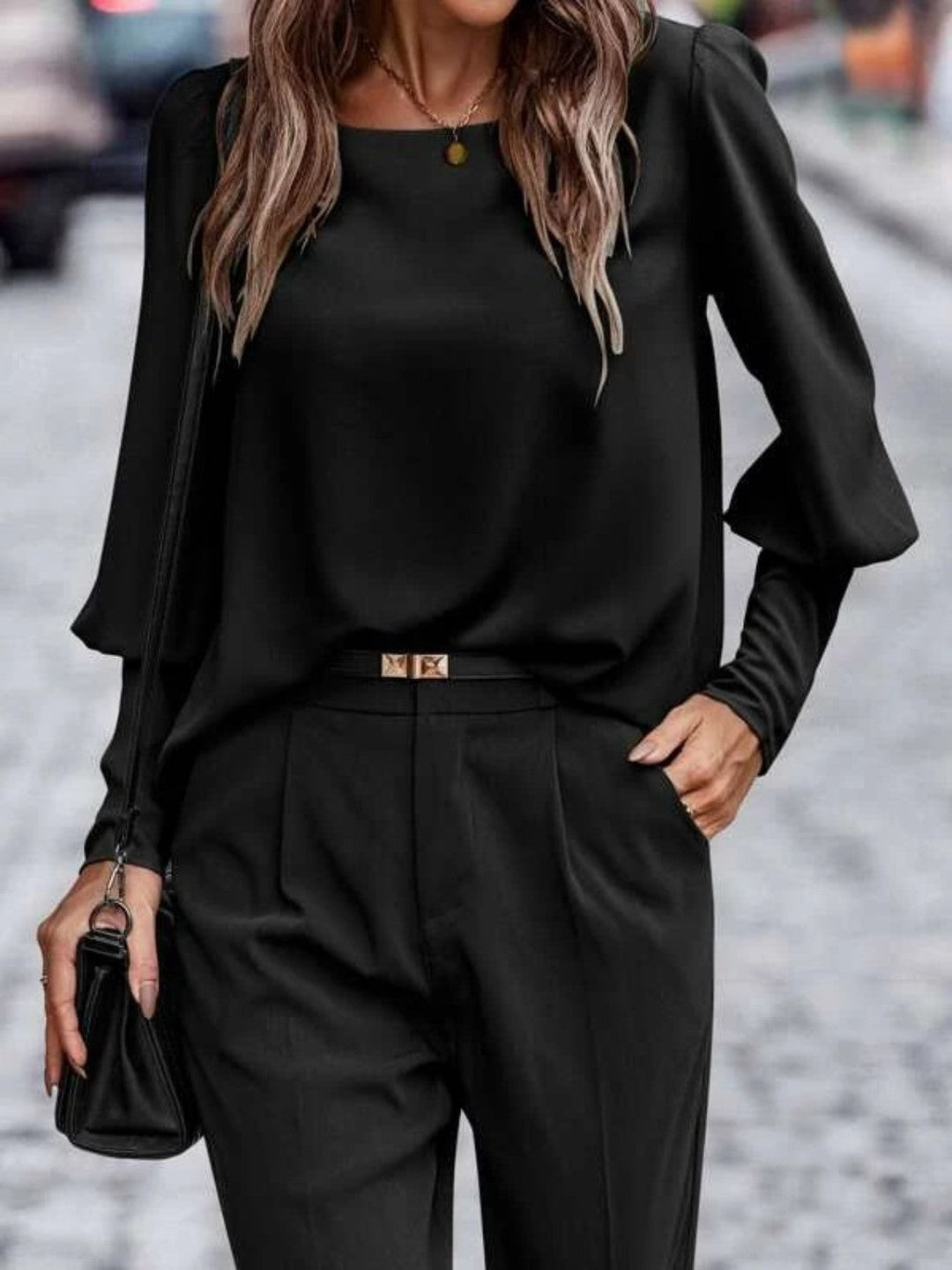 Blouse Femme à Manches Lanternes Col Rond en Polyester 6