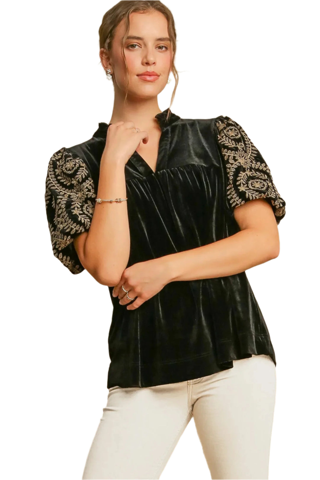 Blouse en Velours à Manches Brodées pour Femmes 0