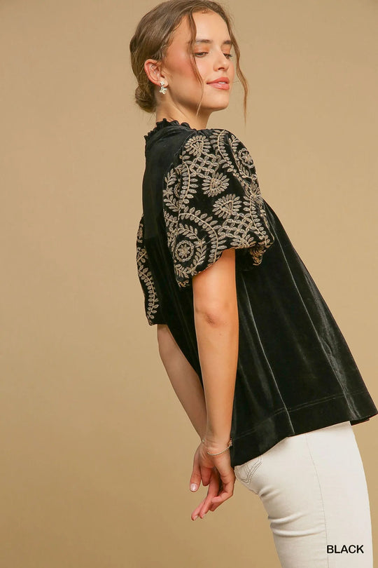 Blouse en Velours à Manches Brodées pour Femmes 1