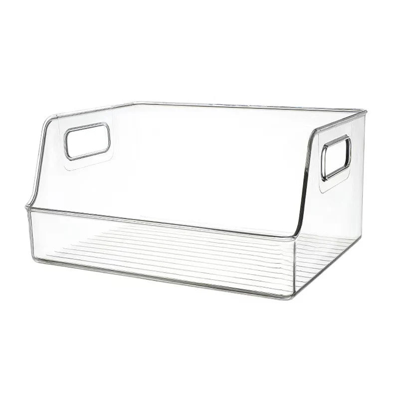 Boîte de rangement transparente avec façade inclinée et poignées intégrées 1