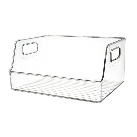 Boîte de rangement transparente avec façade inclinée et poignées intégrées 1