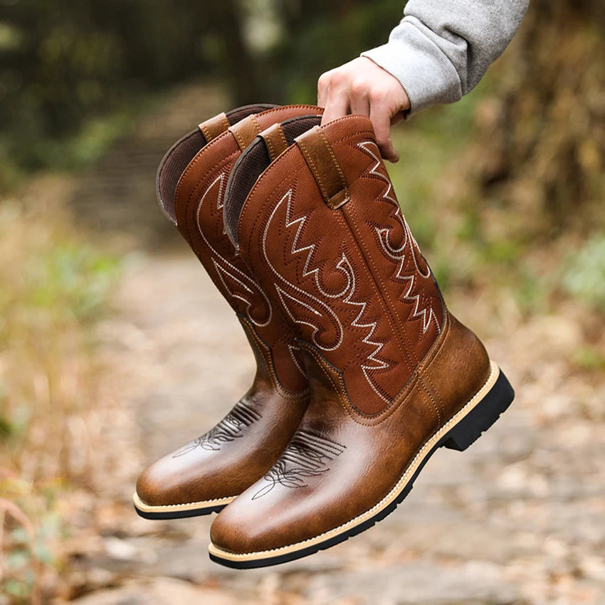 Bottes Cowboy Homme Rétro Brodées Cuir et Textile à Bout Large 2