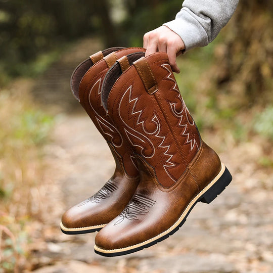 Bottes Cowboy Homme Rétro Brodées Cuir et Textile à Bout Large 2