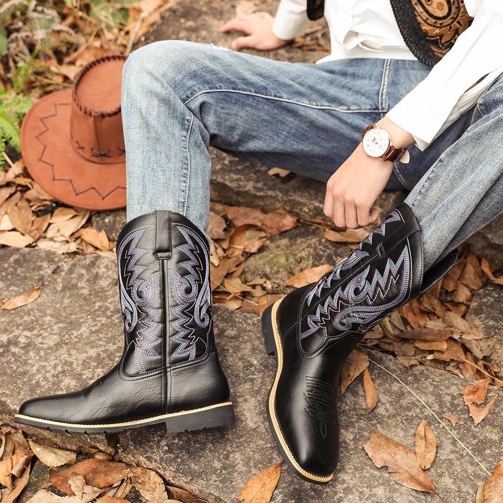 Bottes Cowboy Homme Rétro Brodées Cuir et Textile à Bout Large 3