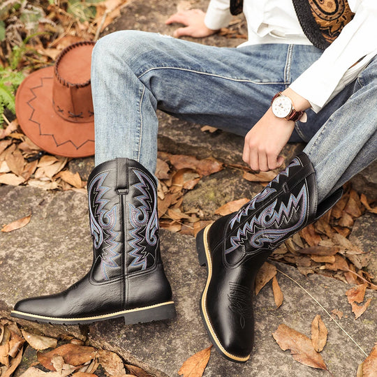 Bottes Cowboy Homme Rétro Brodées Cuir et Textile à Bout Large 3