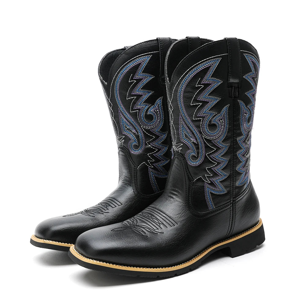 Bottes Cowboy Homme Rétro Brodées Cuir et Textile à Bout Large 6