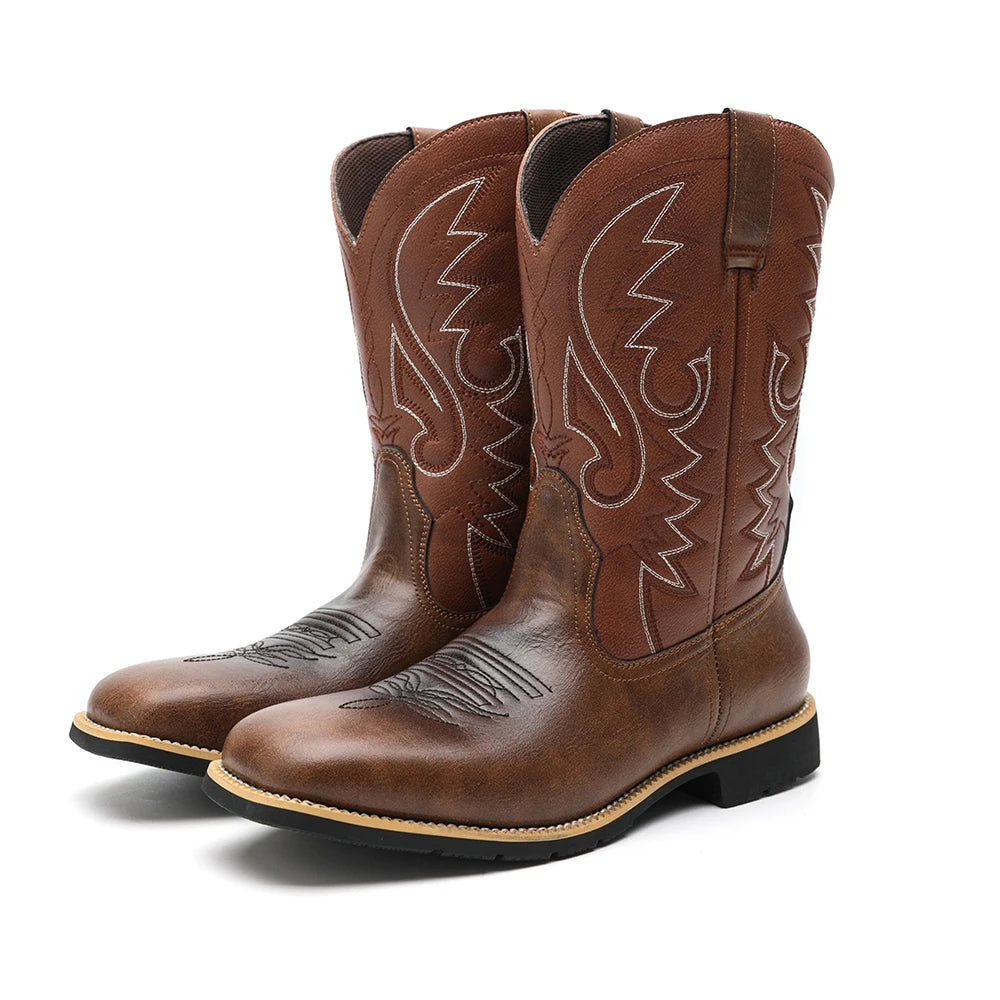 Bottes Cowboy Homme Rétro Brodées Cuir et Textile à Bout Large 7