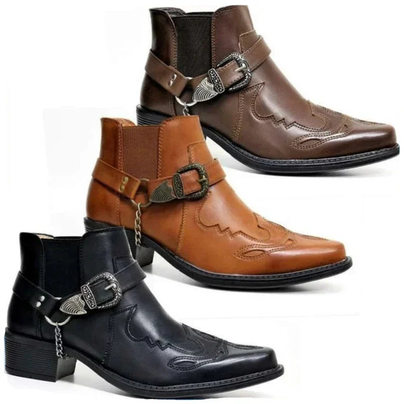 Bottes Cowboy Homme Vintage Cuir Avec Chaîne Et Boucle 0