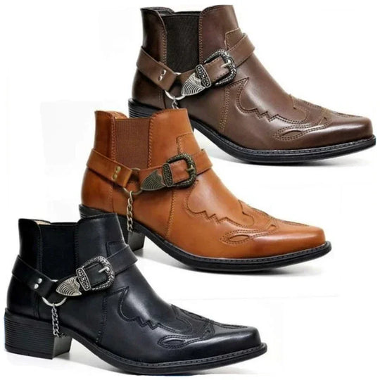 Bottes Cowboy Homme Vintage Cuir Avec Chaîne Et Boucle 0