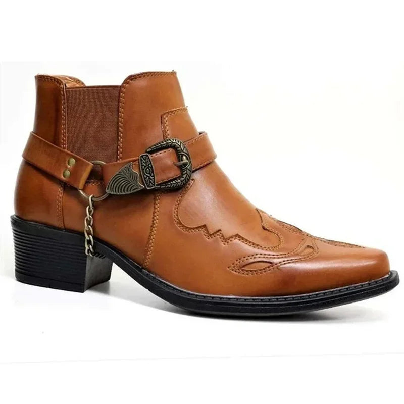 Bottes Cowboy Homme Vintage Cuir Avec Chaîne Et Boucle 1