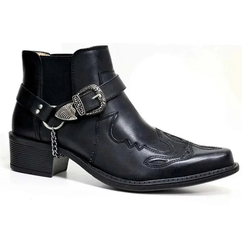 Bottes Cowboy Homme Vintage Cuir Avec Chaîne Et Boucle 3