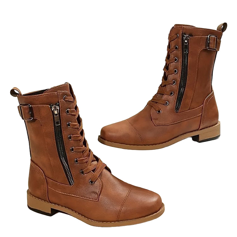 Bottes mi-mollet à lacets pour femmes avec fermeture éclair latérale 0