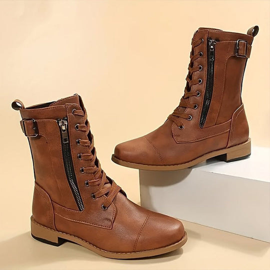 Bottes mi-mollet à lacets pour femmes avec fermeture éclair latérale 1