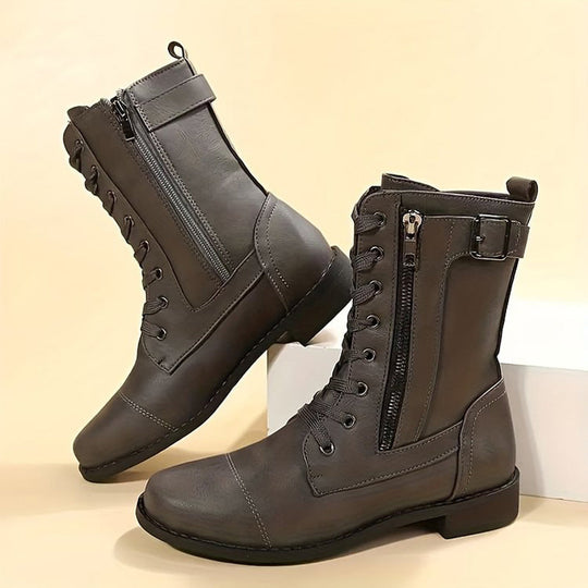 Bottes mi-mollet à lacets pour femmes avec fermeture éclair latérale 2