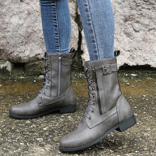 Bottes mi-mollet à lacets pour femmes avec fermeture éclair latérale 4
