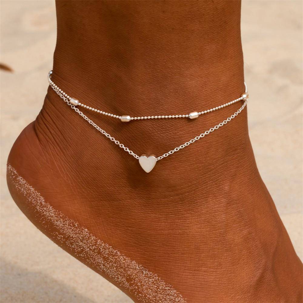 Bracelet Cheville Femme Double Chaîne Détails Cœur 1