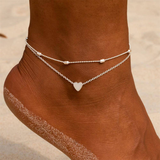 Bracelet Cheville Femme Double Chaîne Détails Cœur 1