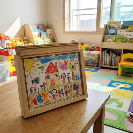 Cadre d'affichage en bois pour enfants avec rangement 2