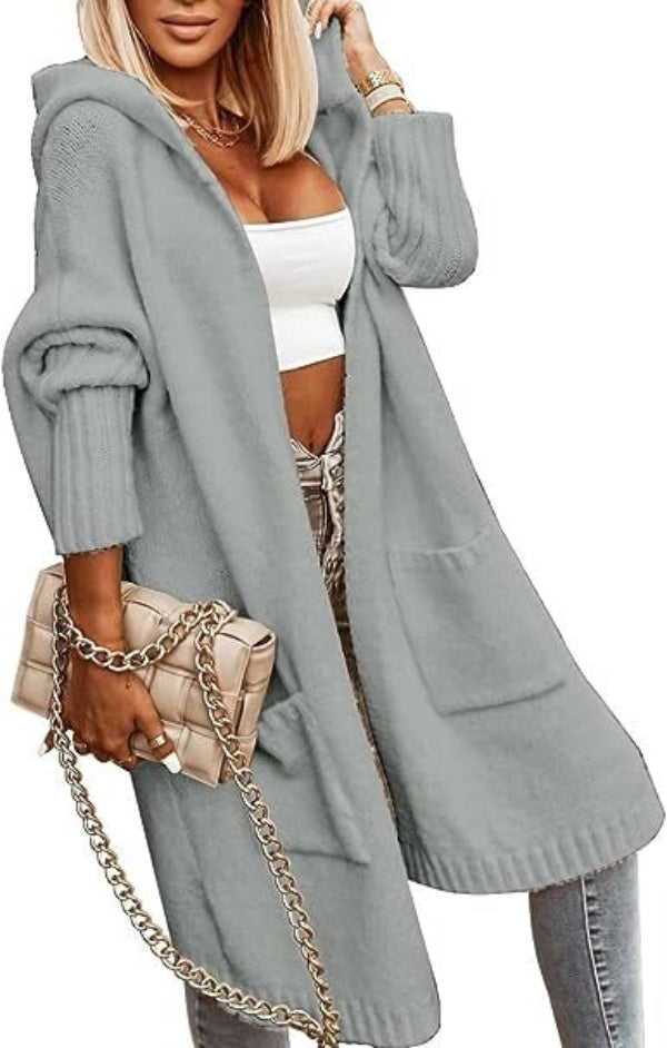 Cardigan Femme Oversized à Capuche en Tricot Mi-Long 2
