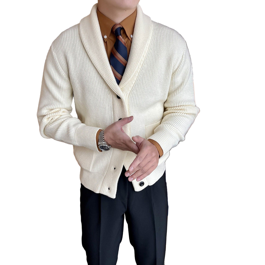 Cardigan Homme Col Châle en Tricot Côtelé pour un Style Décontracté et Professionnel 0