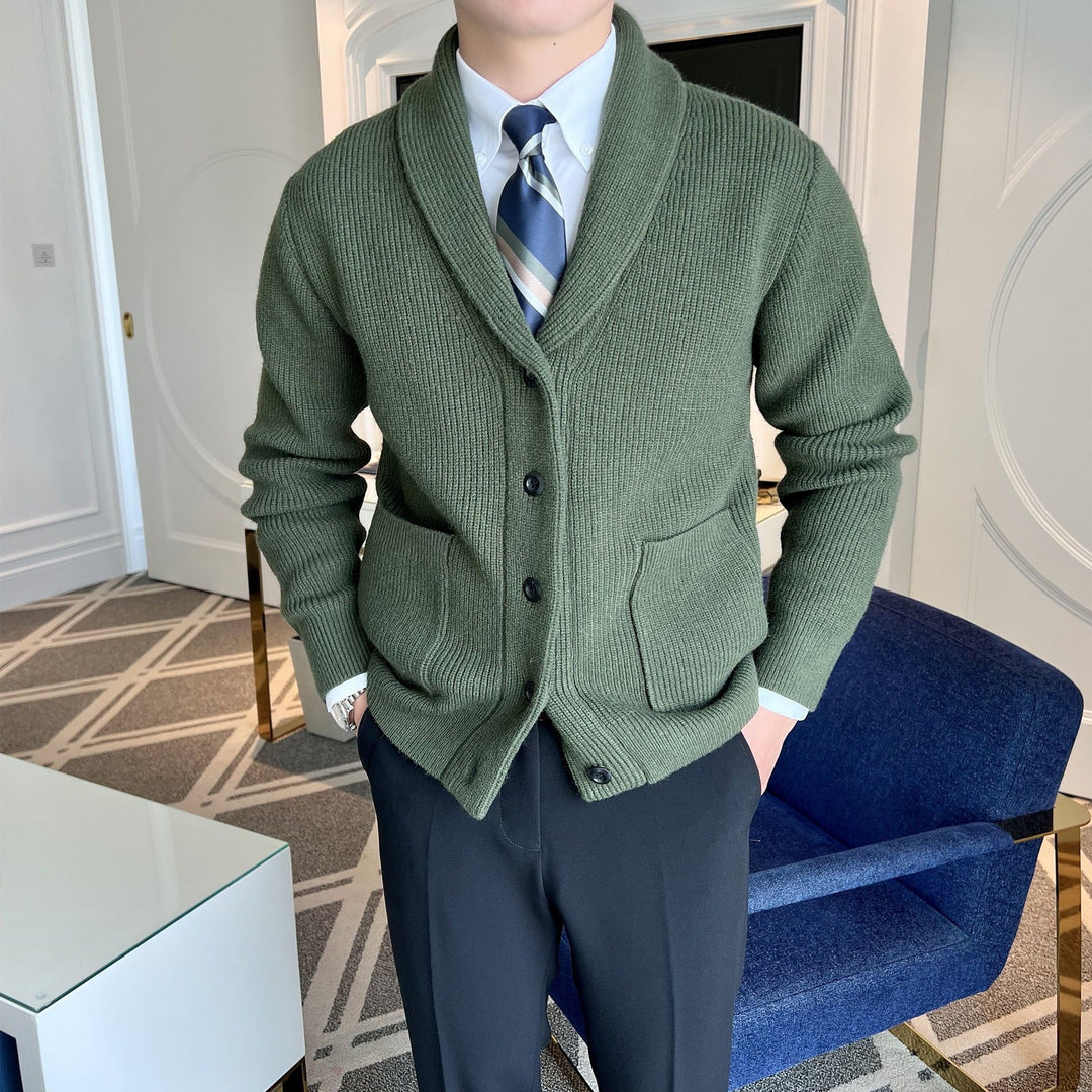 Cardigan Homme Col Châle en Tricot Côtelé pour un Style Décontracté et Professionnel 2