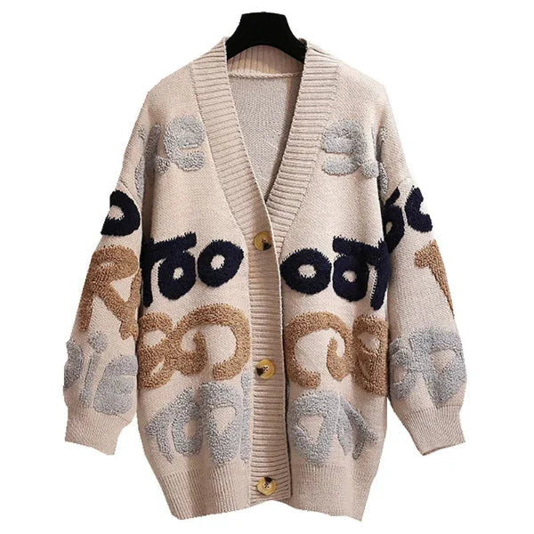 Cardigan Oversized en Tricot pour Femmes avec Motif Lettres 0