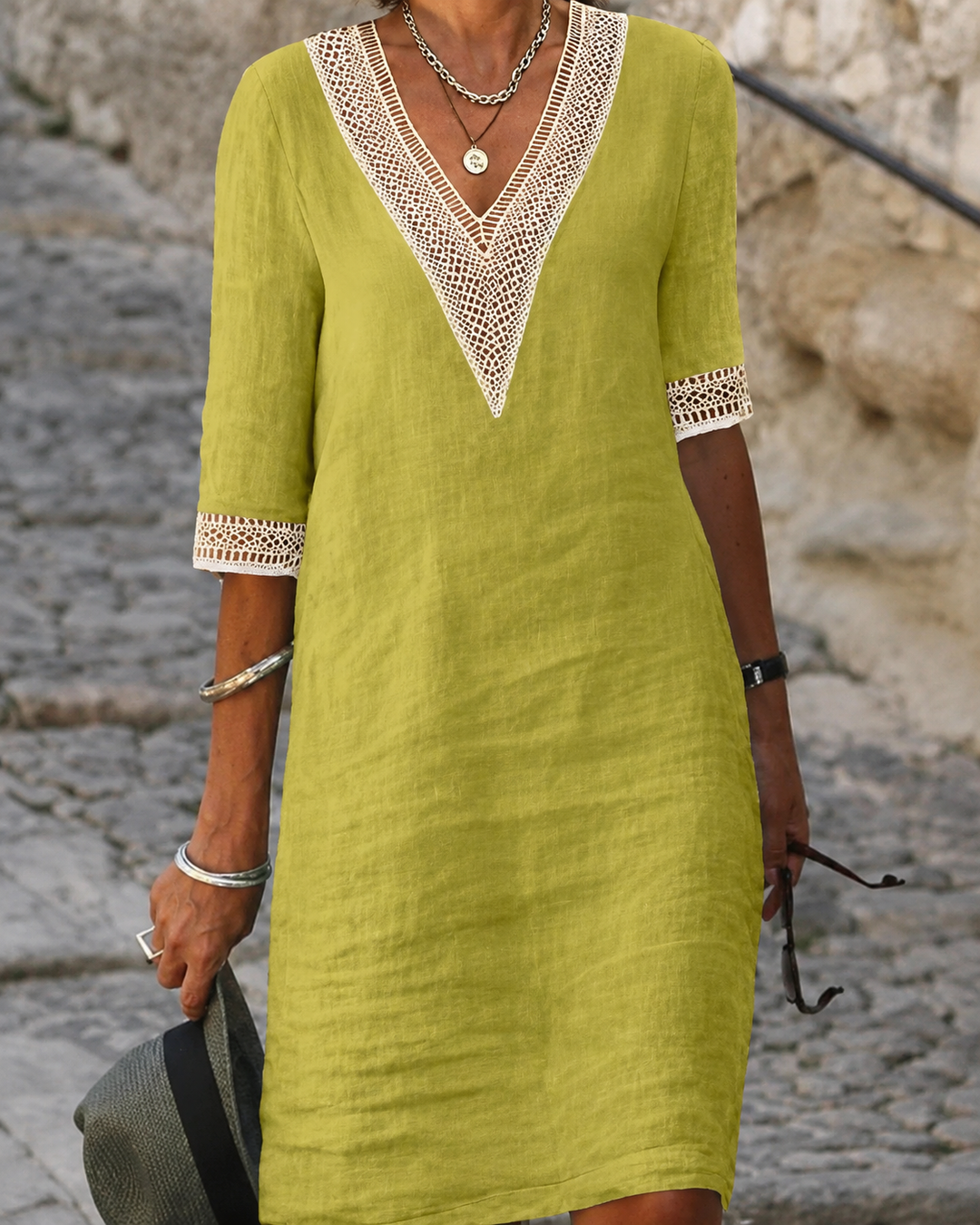 Robe Décontractée Femme V-Neck avec Dentelle