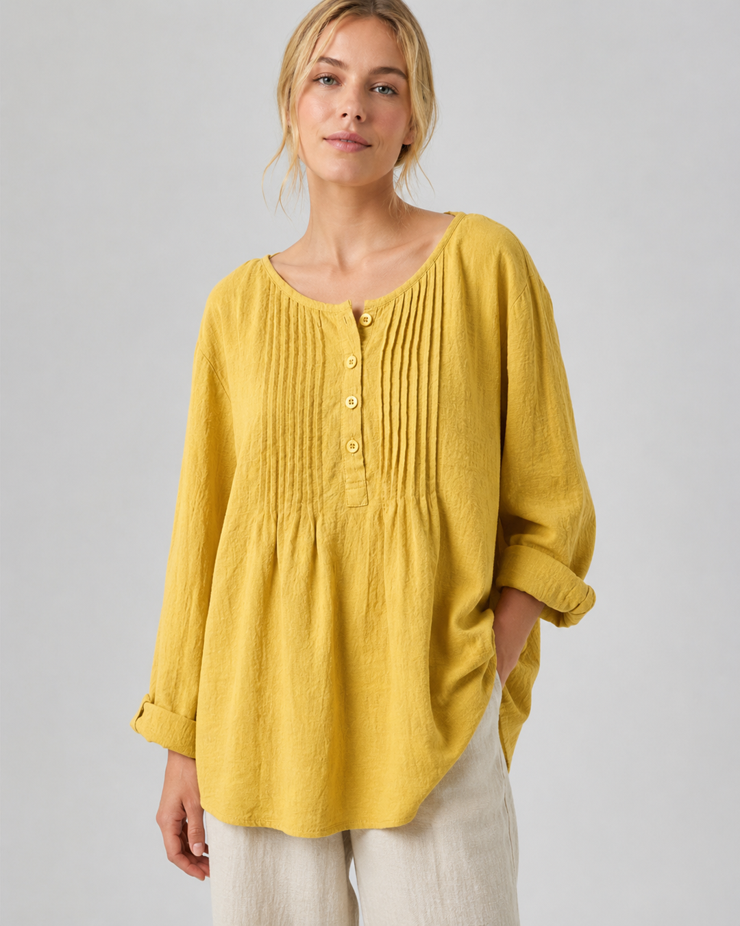 Chemise Femme Manches Longues Coton Lin Col Rond Plissé