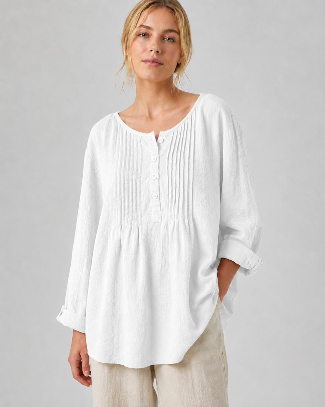 Chemise Femme Manches Longues Coton Lin Col Rond Plissé