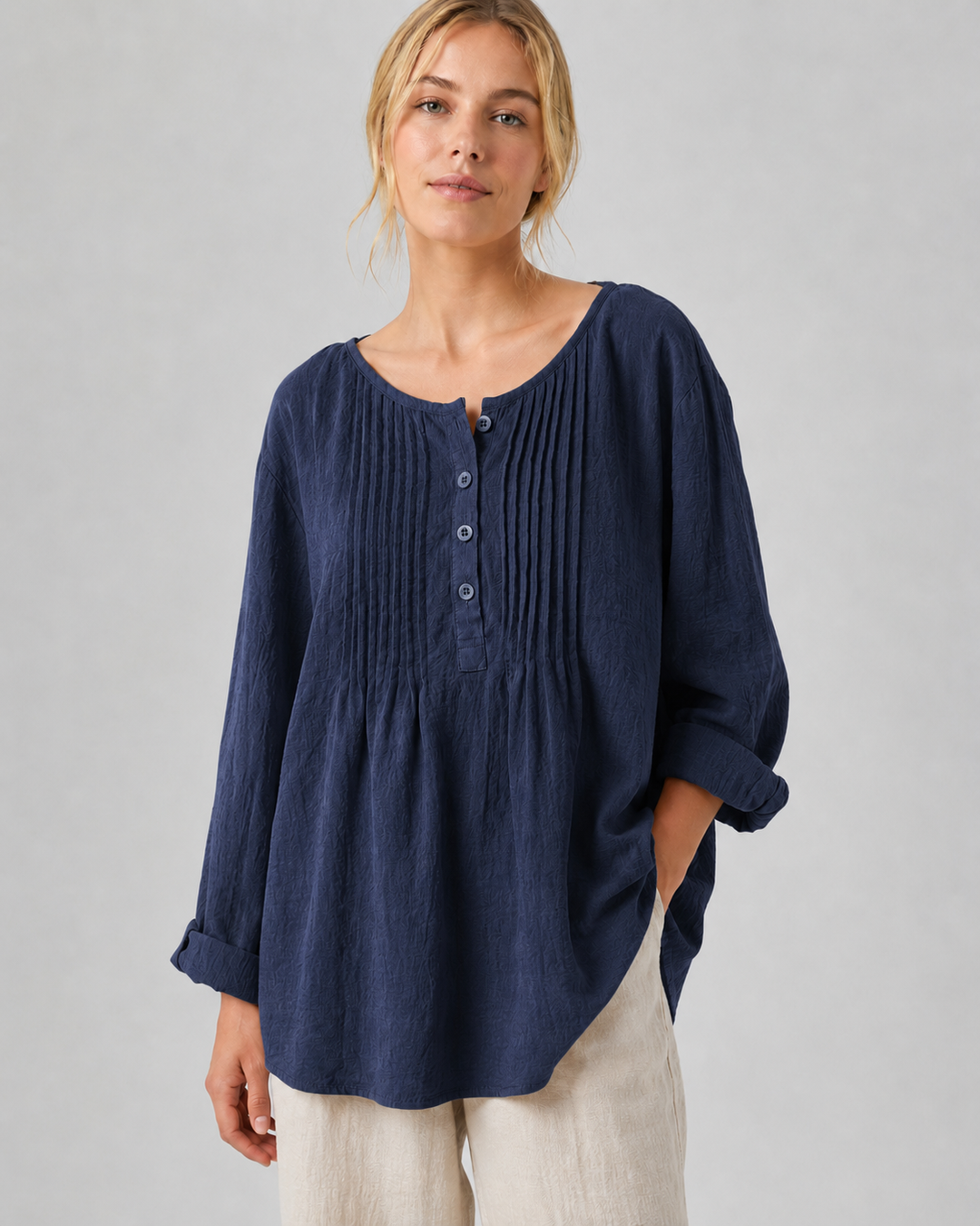 Chemise Femme Manches Longues Coton Lin Col Rond Plissé