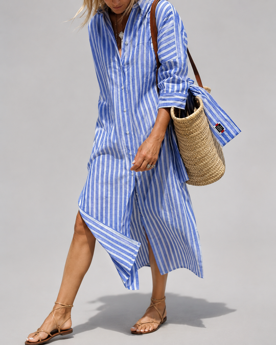Robe Femme Chemise Rayée Décontractée Coton
