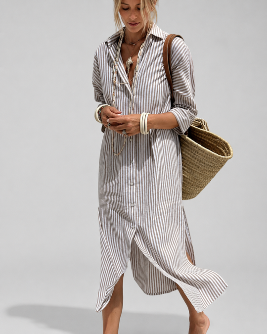 Robe Femme Chemise Rayée Décontractée Coton