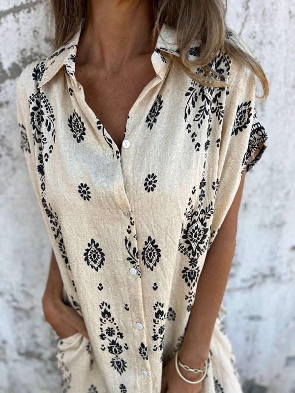 Chemise Décontractée à Manches Courtes en Lin et Coton avec Poche Imprimée 1