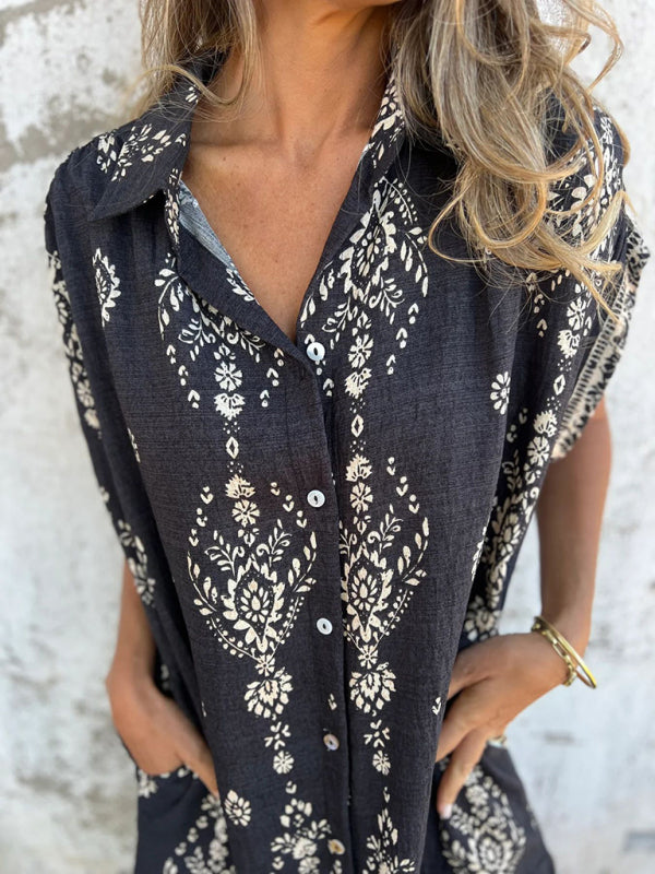 Chemise Décontractée à Manches Courtes en Lin et Coton avec Poche Imprimée 4
