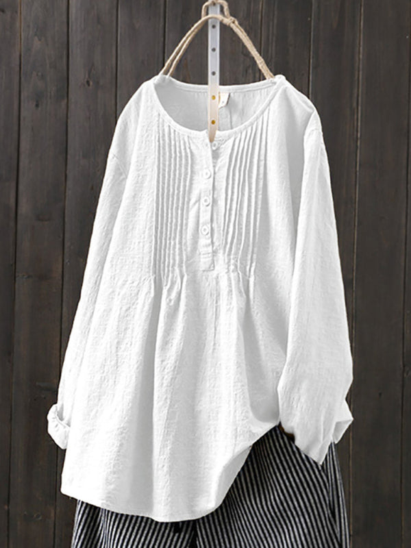 Chemise Femme Manches Longues Coton Lin Col Rond Plissé 3